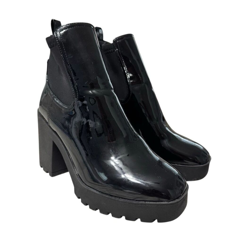 ALDO Black Patent Platform Chelsea Boots Chunky Lug Sole Block Heel Size 8.5